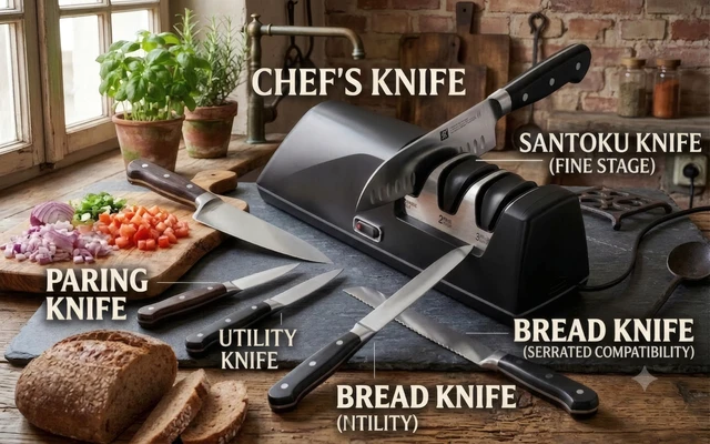 Alt view image 7 of 7 - 3-Stage Electric Knife Sharpener for Sharpening, Restore or Chef Knives | 100% 3M Diamond Wheels Consistent Results, Replaceable Abrasive, 3 in 1 Kitchen Knife Sharpener, effortless kitchen use