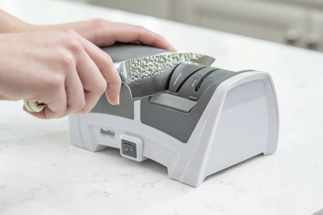 Alt view image 3 of 3 - 50378 Deluxe Diamond Electric Knife Sharpener, Grey/White - Professional Kitchen Tool - Dual Sharpening Slots, Blade Guides, + Non-Slip Base Straight Edge
