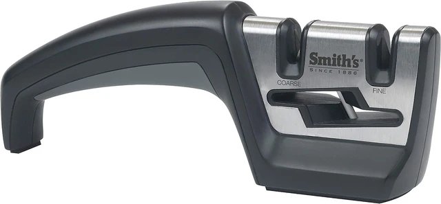 Main image of 50101 Pull-Thru Knife & Scissor Sharpener Black/Silver Pull-Thru Knife Sharpener Left & Right-Handed Scissor Sharpener Coarse & Fine Sharpening Slots Straight & Serrated Blades