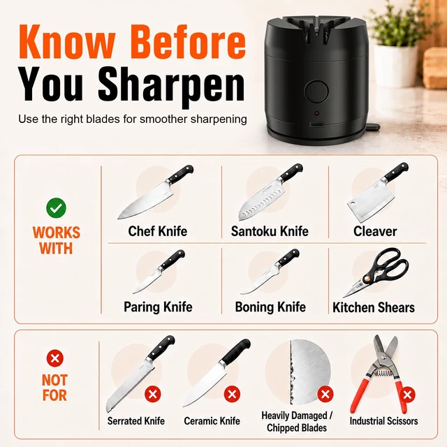 Alt view image 6 of 7 - Electric Knife & Scissor Sharpener, Strong Suction Base, Hands-Free | 3-Slot Electric Knife Sharpening System Sharpens Dull Blades Quickly, Stable Operation, Compact & Easy to Store