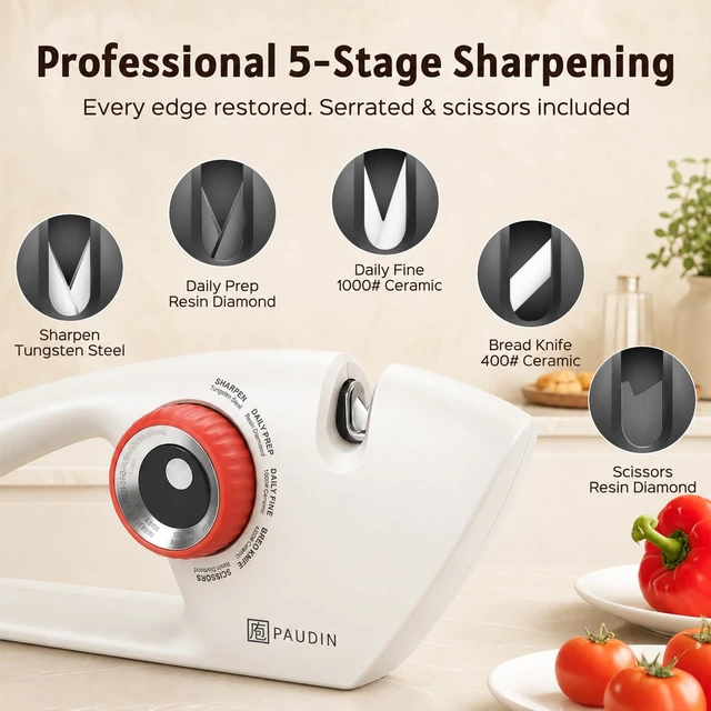 Alt view image 2 of 7 - Knife Sharpener, 5-Stage for Kitchen Knives & Scissors | Straight & Serrated Blades Manual Sharpener, Restores Dull Knives for Home Cooks and Everyday Cooking