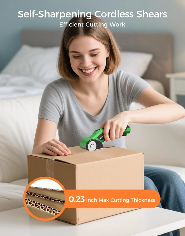 Alt view image 2 of 7 - Cordless Electric Scissors, 4V Cardboard Cutter with 2 Blades, LED Light | Electric Box Cutter for Cardboard, Packaging & DIY | Up to 320RPM Cutting | 2000mAh Rechargeable Battery | Safety Lock