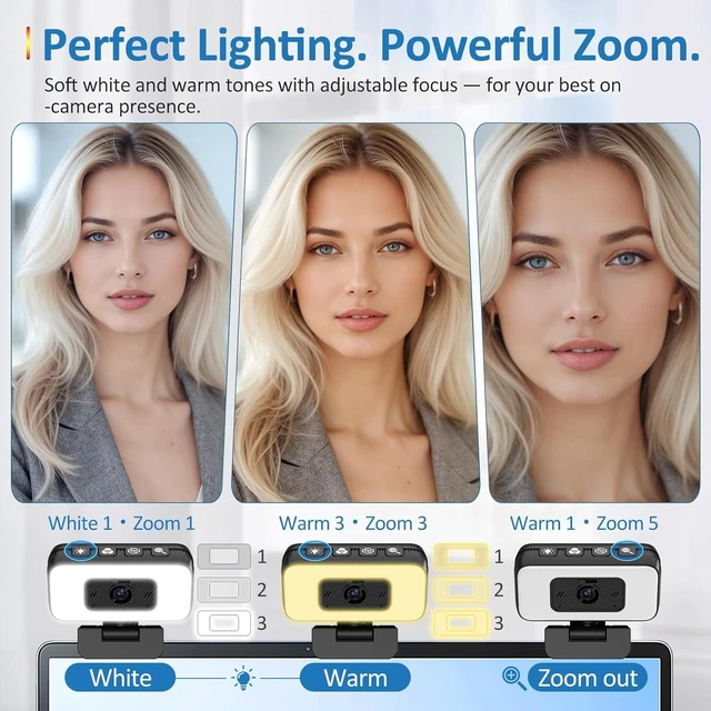 Alt view image 3 of 7 - Webcam with Light, 2K Web Camera for Desktop Computer | Fixed Focus, 80° FOV, USB Plug and Play, PC Web Cam for Video Calls, Online Meetings (4 Buttons-Adjust Brightness/Flip/Zoom)