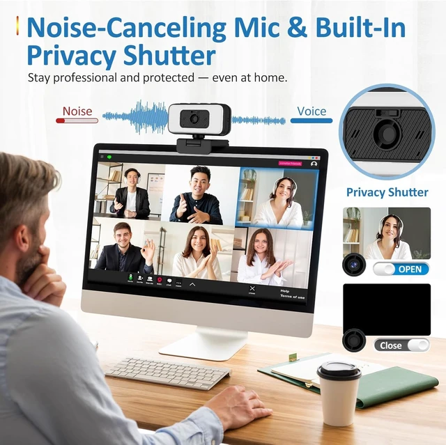 Alt view image 7 of 7 - Webcam with Light, 2K Web Camera for Desktop Computer | Fixed Focus, 80° FOV, USB Plug and Play, PC Web Cam for Video Calls, Online Meetings (4 Buttons-Adjust Brightness/Flip/Zoom)