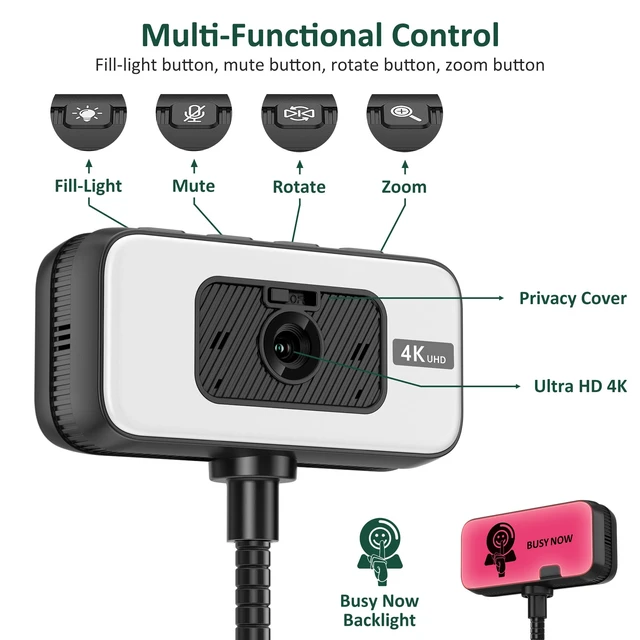 Alt view image 7 of 7 - Webcam for PC, 4K 30 FPS Streaming Camera with Light, for Desktop/Laptop | Computer Webcam with Microphone, Plug and Play USB Web Cam with Bracket, for Zoom Team Google Meet Webex OBS