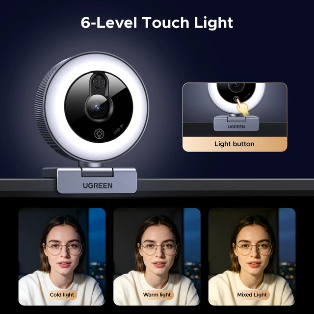 Alt view image 3 of 7 - 4K Webcam with Ring Light Autofocus, Privacy Cover Mic for Streaming | 4K@30fps/1080P@60fps, 0.3s PDAF, Plug and play, USB PC Webcam for OBS Zoom Meeting Teams Twitch, Laptop/Mac