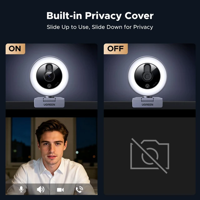 Alt view image 7 of 7 - 4K Webcam with Ring Light Autofocus, Privacy Cover Mic for Streaming | 4K@30fps/1080P@60fps, 0.3s PDAF, Plug and play, USB PC Webcam for OBS Zoom Meeting Teams Twitch, Laptop/Mac