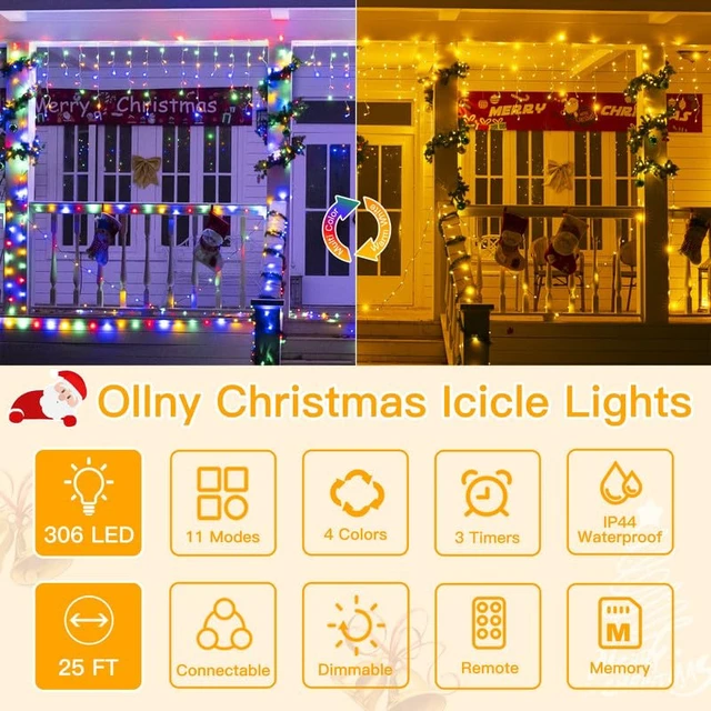 Alt view image 2 of 7 - Icicle Lights for Outside, 306LED 25FT Waterproof Christmas Light | Connectable Plug in, Remote 11Modes Timers Dimmable Hanging Lights for Outdoor Indoor House Roof Holiday Decor Color Changing