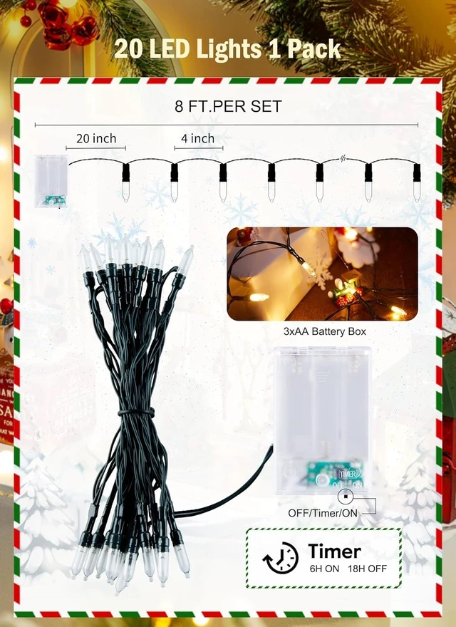 Alt view image 4 of 7 - 8ft 20LED Battery Operated Christmas String Lights with Timer | Warm White Mini Christmas Tree Lights for Indoor Outdoor Bedroom Wedding Party Holiday Xmas Decoration