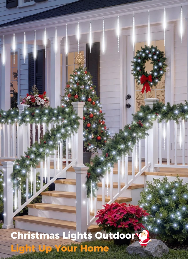 Alt view image 2 of 7 - Christmas Lights Outdoor, 16 Inch 10 Tube 360 LED Icicle Lights | Connectable Meteor Shower Light Outdoor, Hanging Falling Rain Light for Tree Outside Holiday Xmas Decoration, White