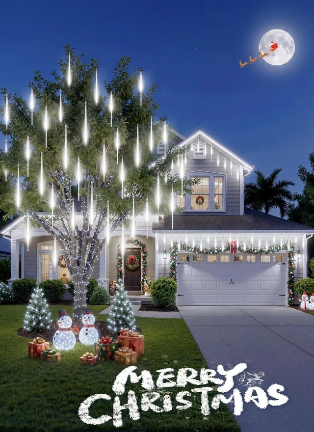 Alt view image 3 of 7 - Christmas Lights Outdoor, 16 Inch 10 Tube 360 LED Icicle Lights | Connectable Meteor Shower Light Outdoor, Hanging Falling Rain Light for Tree Outside Holiday Xmas Decoration, White