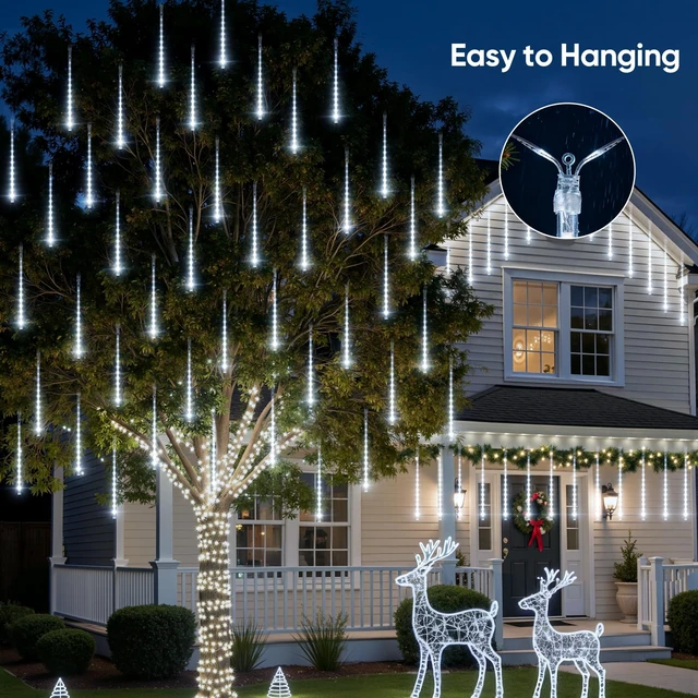 Alt view image 5 of 7 - Christmas Lights Outdoor, 16 Inch 10 Tube 360 LED Icicle Lights | Connectable Meteor Shower Light Outdoor, Hanging Falling Rain Light for Tree Outside Holiday Xmas Decoration, White