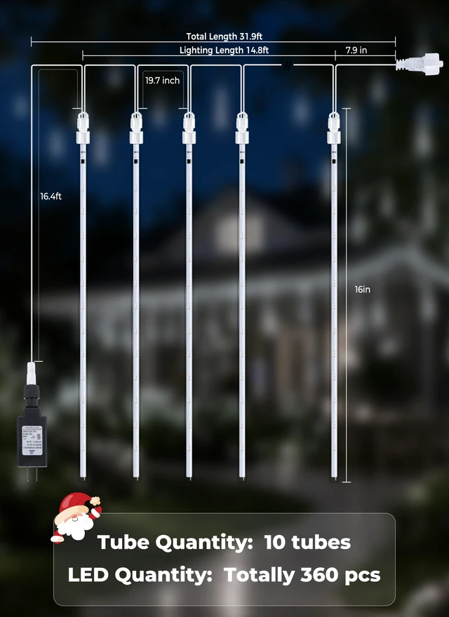 Alt view image 7 of 7 - Christmas Lights Outdoor, 16 Inch 10 Tube 360 LED Icicle Lights | Connectable Meteor Shower Light Outdoor, Hanging Falling Rain Light for Tree Outside Holiday Xmas Decoration, White