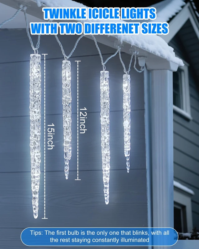 Alt view image 3 of 7 - Icicle Lights Outdoor with Clips, 20ft 100 LED 20 Tubes Twinkling White Christmas String Lights, Connectable Waterproof Hanging Icicle String Light Plug in for Eave Holiday Outdoor