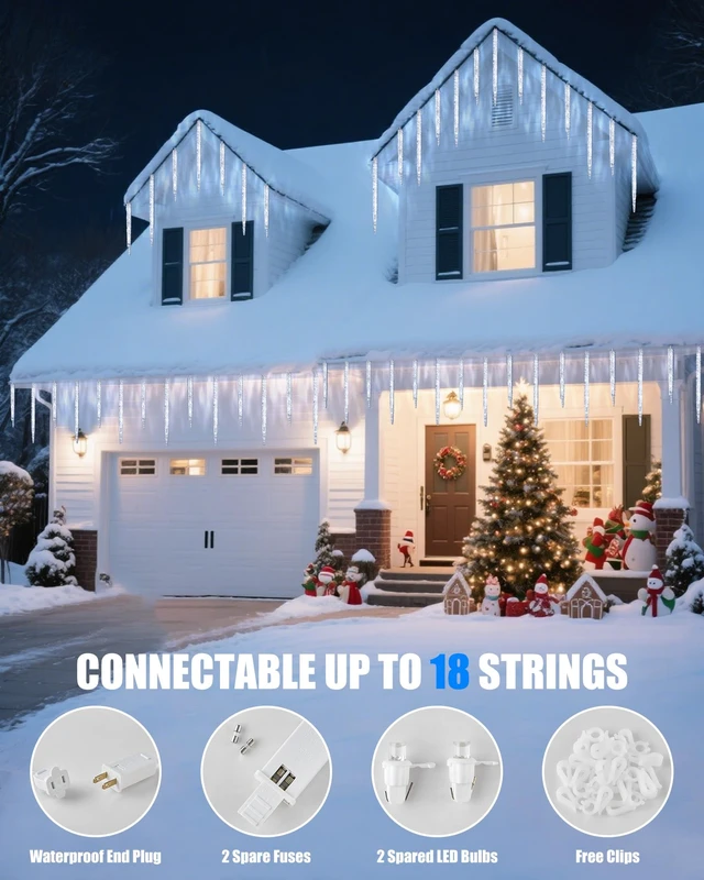 Alt view image 5 of 7 - Icicle Lights Outdoor with Clips, 20ft 100 LED 20 Tubes Twinkling White Christmas String Lights, Connectable Waterproof Hanging Icicle String Light Plug in for Eave Holiday Outdoor