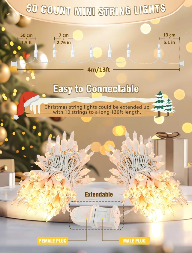 Alt view image 6 of 7 - Clear Christmas Lights, 13 FT 50 Count String Lights White Wire | Plug-in Incandescent Mini Light Connectable Indoor Outdoor for Christmas Tree Garland Wedding Party Bedroom Decor,Warm White