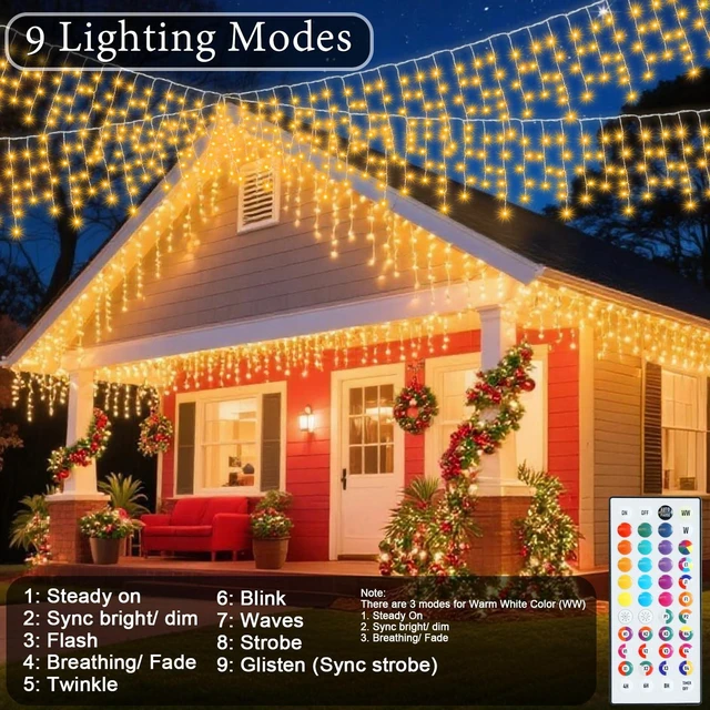 Alt view image 6 of 7 - 35 Colors Icicle Lights for Outside, 88FT Icicle Christmas Lights | Outdoor Roof Christmas Lights with Remote, Color Changing LED Hanging String Lights for Roof Window Halloween Decorations