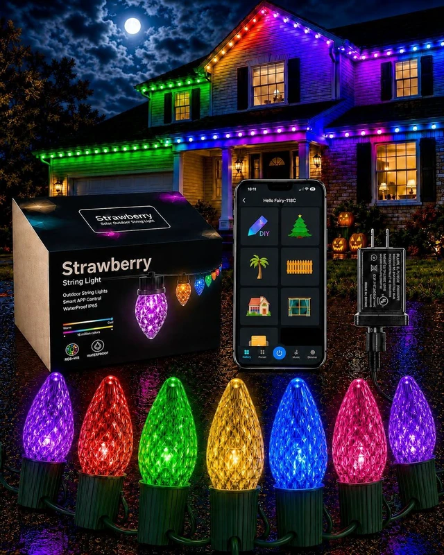 Main image of 66FT 100 LEDs Smart RGB C9 Christmas String Lights Outdoor | App Control, 125 Modes, Color Changing, IP65 Waterproof, Connectable, Music Sync, Timer for Roofline Yard Patio Decorations