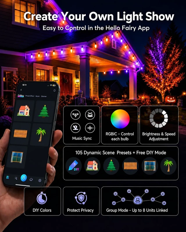 Alt view image 3 of 7 - 66FT 100 LEDs Smart RGB C9 Christmas String Lights Outdoor | App Control, 125 Modes, Color Changing, IP65 Waterproof, Connectable, Music Sync, Timer for Roofline Yard Patio Decorations