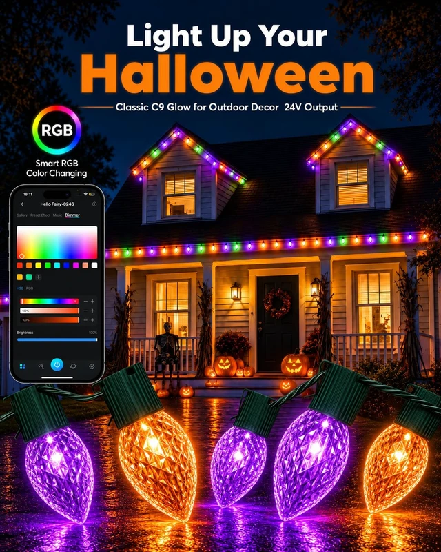 Alt view image 2 of 7 - 66FT 100 LEDs Smart RGB C9 Christmas String Lights Outdoor | App Control, 125 Modes, Color Changing, IP65 Waterproof, Connectable, Music Sync, Timer for Roofline Yard Patio Decorations