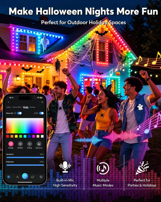 Alt view image 7 of 7 - 66FT 100 LEDs Smart RGB C9 Christmas String Lights Outdoor | App Control, 125 Modes, Color Changing, IP65 Waterproof, Connectable, Music Sync, Timer for Roofline Yard Patio Decorations