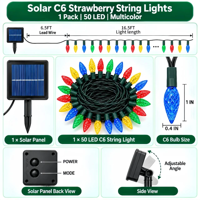 Alt view image 2 of 7 - C6 Solar Christmas Lights Outdoor, 50 LED 23FT Multicolor String Lights, 8 Modes, Waterproof String Lights for Christmas Tree, Garden, Fence, Yard and Patio Decorations