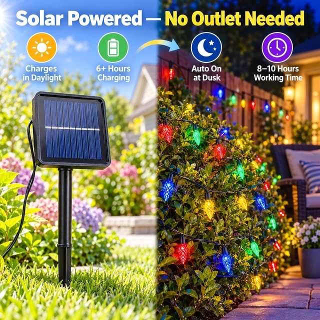 Alt view image 4 of 7 - C6 Solar Christmas Lights Outdoor, 50 LED 23FT Multicolor String Lights, 8 Modes, Waterproof String Lights for Christmas Tree, Garden, Fence, Yard and Patio Decorations