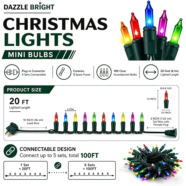 Alt view image 3 of 7 - Multi-Colored Christmas Mini String Lights, 20FT 100 Count Incandescent Waterproof Fairy Lights Plug in, Connectable Christmas Decorations for Indoor Outdoor Home Party Garden Yard