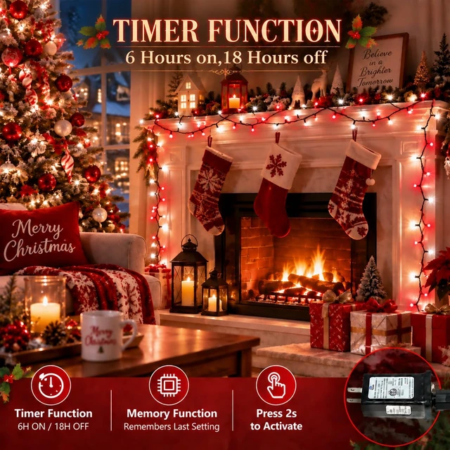 Alt view image 4 of 7 - Connectable 2-Pack 164Ft 400LED Christmas String Lights, Red & White | 13 Modes and Timer; IP44 Waterproof Green Wire Twinkle Lights for Indoor Outdoor Christmas Trees, Porches, Patios and Gardens