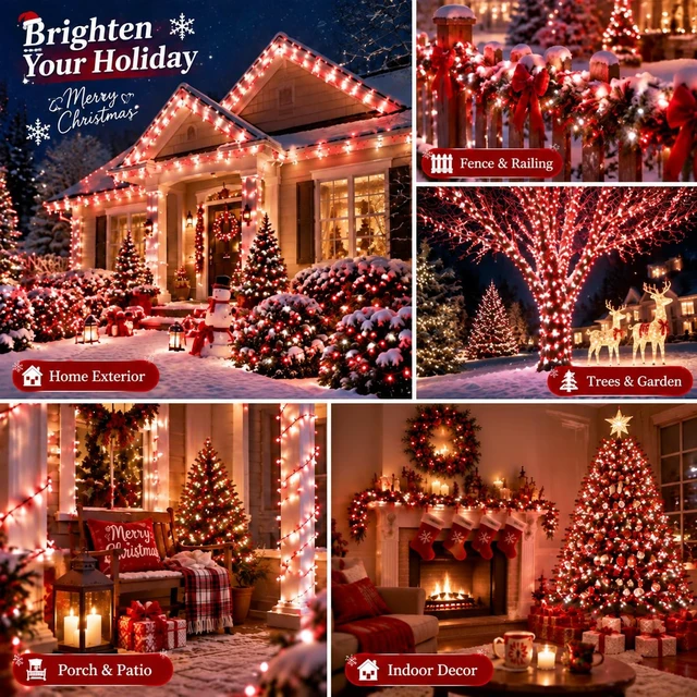 Alt view image 5 of 7 - Connectable 2-Pack 164Ft 400LED Christmas String Lights, Red & White | 13 Modes and Timer; IP44 Waterproof Green Wire Twinkle Lights for Indoor Outdoor Christmas Trees, Porches, Patios and Gardens