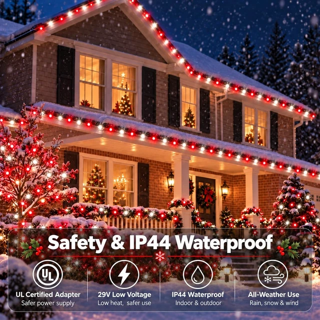 Alt view image 7 of 7 - Connectable 2-Pack 164Ft 400LED Christmas String Lights, Red & White | 13 Modes and Timer; IP44 Waterproof Green Wire Twinkle Lights for Indoor Outdoor Christmas Trees, Porches, Patios and Gardens