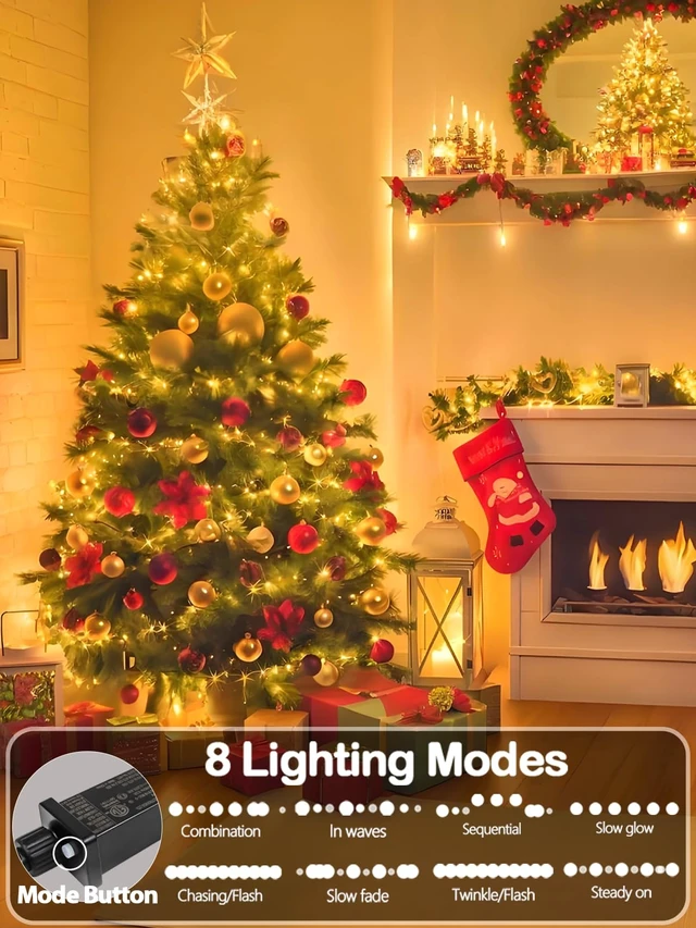 Alt view image 2 of 7 - Extendable Christmas String Lights Indoor Outdoor 75.8FT 200 LED Warm White | Green Wire Ultra-bright,8 Modes,Timer and Memory Function,UL Certified Fairy Twinkle Lights Waterproof for Xmas Tree Decor