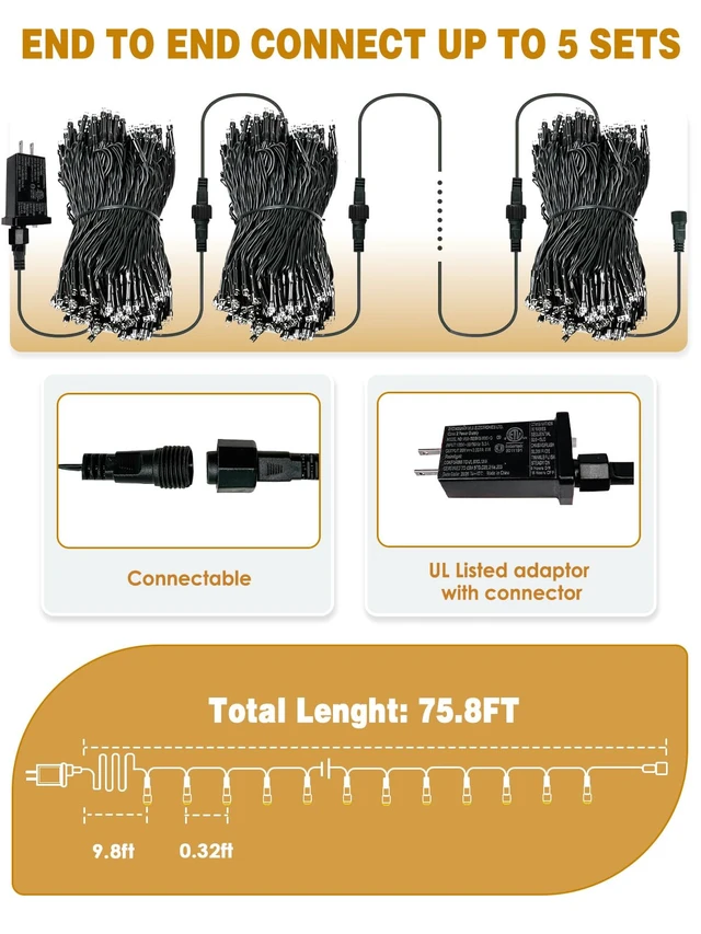 Alt view image 7 of 7 - Extendable Christmas String Lights Indoor Outdoor 75.8FT 200 LED Warm White | Green Wire Ultra-bright,8 Modes,Timer and Memory Function,UL Certified Fairy Twinkle Lights Waterproof for Xmas Tree Decor