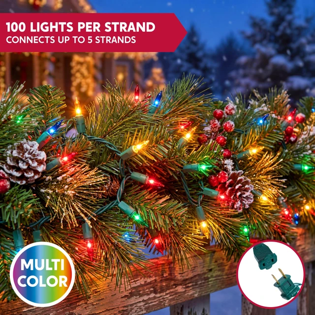 Alt view image 5 of 7 - Multicolor Christmas String Lights,100 Count 21.4FT Christmas Fairy Tree Lights Plug in for Indoor Outdoor Xmas Decorations Patio Holiday Theme Party Yard House,Green Wire