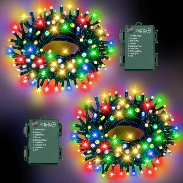Main image of Christmas Lights Outdoor Battery Operated String Lights Total 100LED 33Ft with Timer 8 Modes 16.4Ft*2 Waterproof Outdoor Indoor for Christmas Decor, Multicolor, 2-Pack