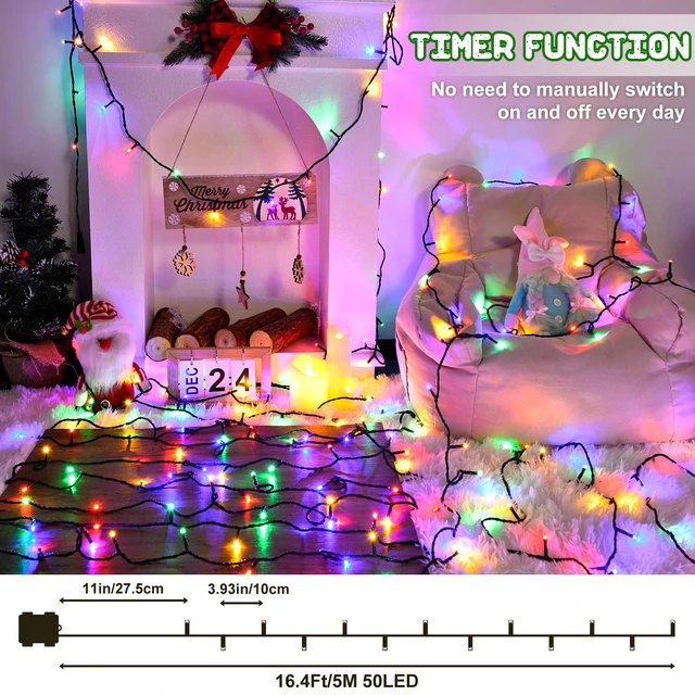 Alt view image 3 of 7 - Christmas Lights Outdoor Battery Operated String Lights Total 100LED 33Ft with Timer 8 Modes 16.4Ft*2 Waterproof Outdoor Indoor for Christmas Decor, Multicolor, 2-Pack