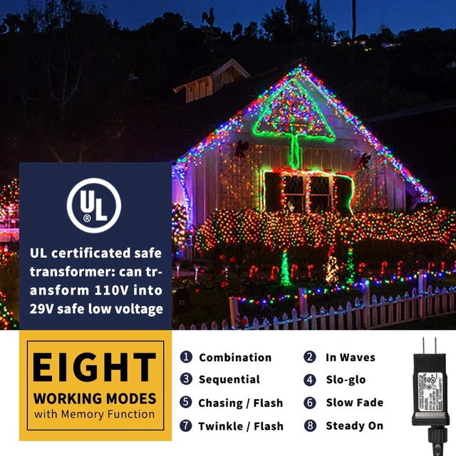 Alt view image 5 of 7 - 105ft 300 LED Christmas String Lights, Christmas Tree Light | End-to-End Plug 8 Modes UL Certified Outdoor Indoor Fairy Lights for Tree, Garden, Party, Wedding, Holiday (Multicolor)