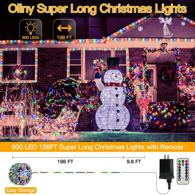 Alt view image 2 of 7 - 198FT 600LED Outdoor Christmas Lights with Remote, 8 Modes Multicolor | 3 Timer Dimmable IP67 Waterproof Christmas Tree Lights, 29V Low Voltage, Indoor & Outside Holiday Xmas Decor