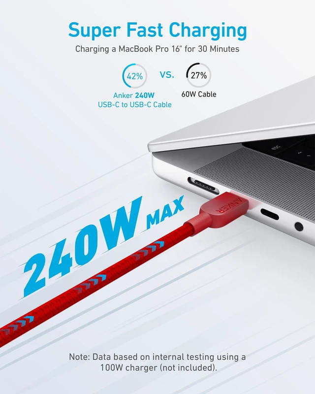 Alt view image 2 of 5 - Anker USB C to USB C Cable, 240W Fast Charging Cord (2-Pack, 10 ft, Red) | For iPhone 18 / 17 / 16 Series, MacBook Pro 2020, iPad Air 4, and More