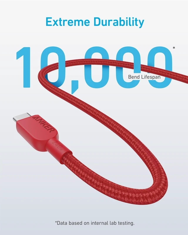 Alt view image 4 of 5 - Anker USB C to USB C Cable, 240W Fast Charging Cord (2-Pack, 10 ft, Red) | For iPhone 18 / 17 / 16 Series, MacBook Pro 2020, iPad Air 4, and More