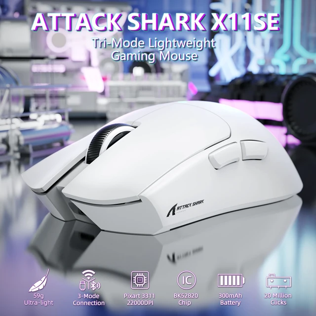 Alt view image 2 of 7 - ATTACK SHARK X11 SE Tri Mode Lightweight Wireless Gaming Mouse - White | 22000 DPI, Wired/BT/2.4Ghz, PAW3311 Optical Sensor, 59g, 1000Hz Polling, 300mAh Battery for FPS Gamer PC/WIN