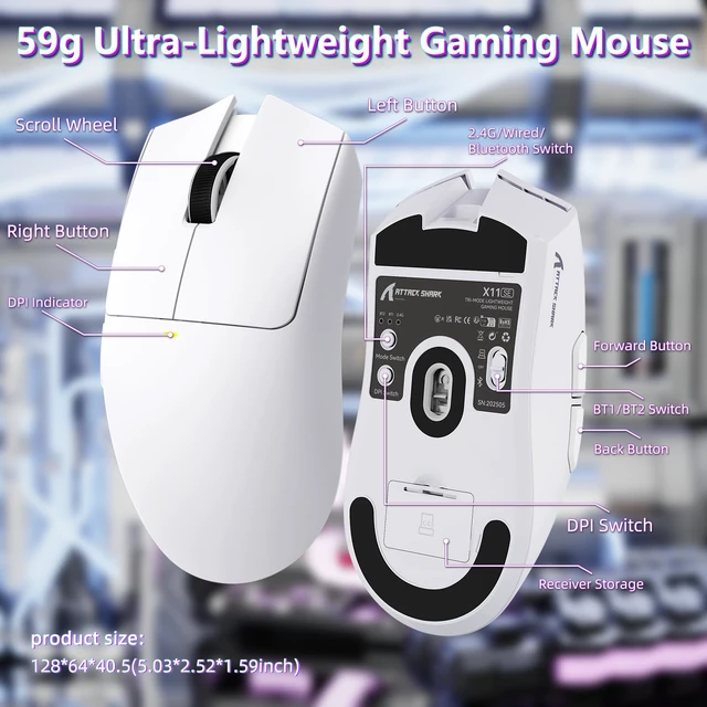Alt view image 6 of 7 - ATTACK SHARK X11 SE Tri Mode Lightweight Wireless Gaming Mouse - White | 22000 DPI, Wired/BT/2.4Ghz, PAW3311 Optical Sensor, 59g, 1000Hz Polling, 300mAh Battery for FPS Gamer PC/WIN