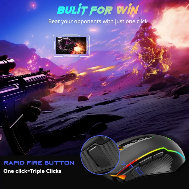 Alt view image 6 of 7 - Gaming Mouse, Wireless Mouse Gaming with 8000 DPI, PC Gaming Mice with Fire Button, RGB Backlit Programmable Ergonomic Mouse Gamer, Rechargeable, 70Hrs for Windows, Mac Gamer, Black