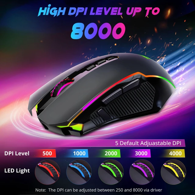 Alt view image 4 of 7 - Gaming Mouse, Wireless Mouse Gaming with 8000 DPI, PC Gaming Mice with Fire Button, RGB Backlit Programmable Ergonomic Mouse Gamer, Rechargeable, 70Hrs for Windows, Mac Gamer, Black