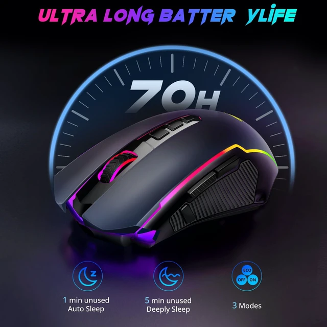 Alt view image 7 of 7 - Gaming Mouse, Wireless Mouse Gaming with 8000 DPI, PC Gaming Mice with Fire Button, RGB Backlit Programmable Ergonomic Mouse Gamer, Rechargeable, 70Hrs for Windows, Mac Gamer, Black
