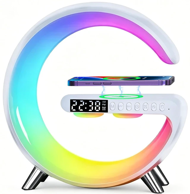 Main image of 4 In 1 Smart LED Table Lamp, Alarm Clock, Bluetooth Speaker, Wireless Charger, App Control Night Light Bedside Lamp with Fast Charging Station for Bedroom, Home Decor, Family, Teen Girls Boys Gifts