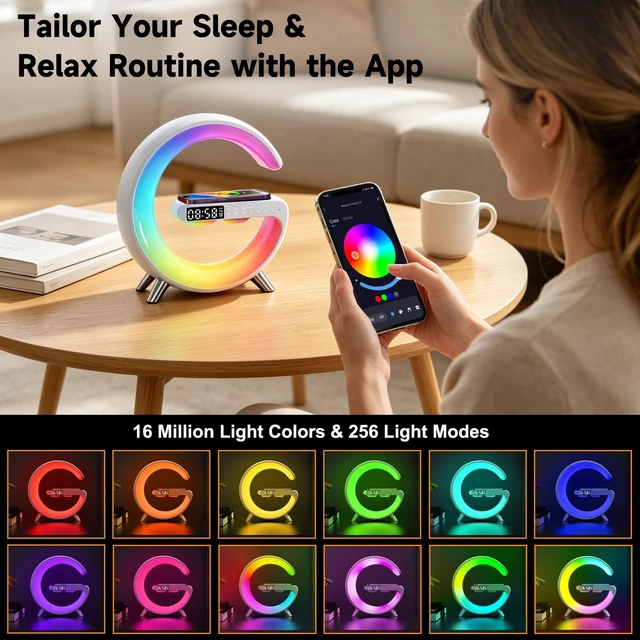 Alt view image 3 of 7 - 4 In 1 Smart LED Table Lamp, Alarm Clock, Bluetooth Speaker, Wireless Charger, App Control Night Light Bedside Lamp with Fast Charging Station for Bedroom, Home Decor, Family, Teen Girls Boys Gifts