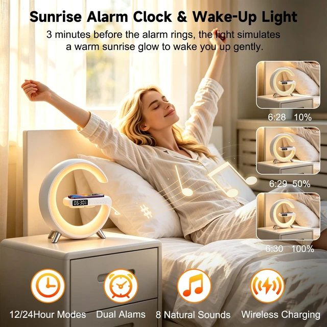 Alt view image 4 of 7 - 4 In 1 Smart LED Table Lamp, Alarm Clock, Bluetooth Speaker, Wireless Charger, App Control Night Light Bedside Lamp with Fast Charging Station for Bedroom, Home Decor, Family, Teen Girls Boys Gifts