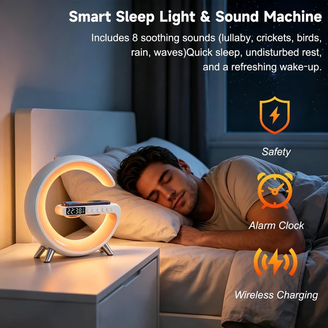Alt view image 5 of 7 - 4 In 1 Smart LED Table Lamp, Alarm Clock, Bluetooth Speaker, Wireless Charger, App Control Night Light Bedside Lamp with Fast Charging Station for Bedroom, Home Decor, Family, Teen Girls Boys Gifts