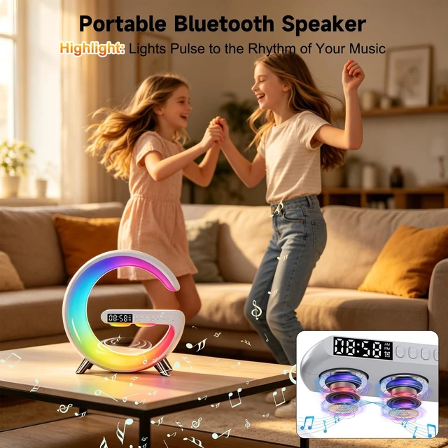 Alt view image 6 of 7 - 4 In 1 Smart LED Table Lamp, Alarm Clock, Bluetooth Speaker, Wireless Charger, App Control Night Light Bedside Lamp with Fast Charging Station for Bedroom, Home Decor, Family, Teen Girls Boys Gifts
